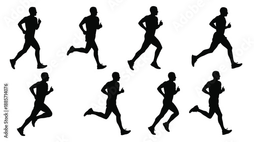 Group of runners in dynamic poses black and white illustration silhouette