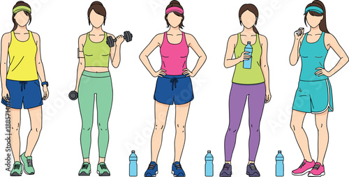 Women fitness workout outfit set featuring active female characters wearing colorful sportswear, gym clothing, yoga apparel, and healthy lifestyle accessories illustration