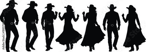Cowboy dance silhouettes, western attire poses, country style movement, festive group composition, cultural fashion icons, flat vector illustration