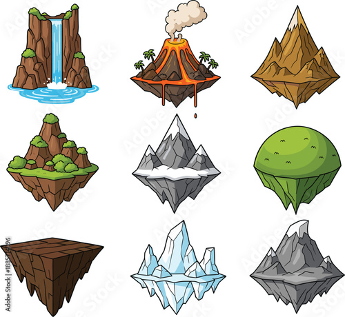 Floating island terrain elements with mountains volcano waterfall and ice vector illustration set