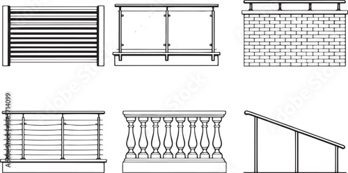 Different styles of balcony railings in graphic resource. Featuring minimalist to ornate designs, perfect for architectural visualization and design projects.
