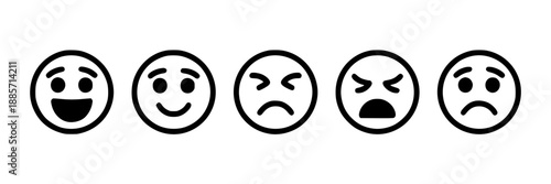 Five black line‑art emoticons—smiling, frowning, winking, squinting, neutral—lined in a horizontal row on white background.