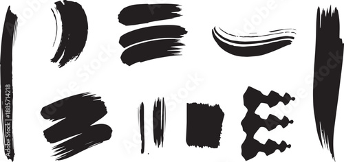Brush set. Vector black paint brush spots, highlighter lines or felt-tip pen marker. Ink smudge abstract shape stains and smear set with texture