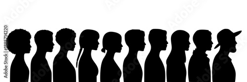A clean vector illustration featuring a row of diverse human head and upper body silhouettes in profile, facing right, on a white background, demonstrating different hairstyles and one wearing a cap.