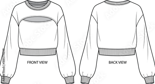 Cropped sweatshirt technical sketch, front and back view, puff sleeves, cut-out neckline detail, fashion design template, flat vector illustration