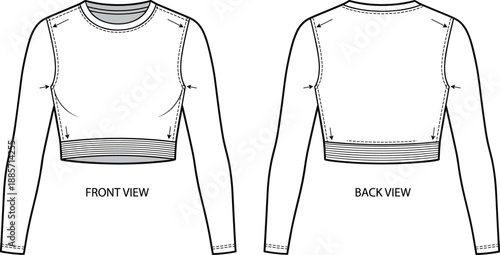 Cropped long sleeve top technical sketch, front and back view, bust darts, contour shaping, fashion design template, flat vector illustration