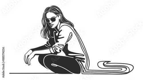 A stylish woman in sunglasses strikes a confident pose in a modern line art illustration