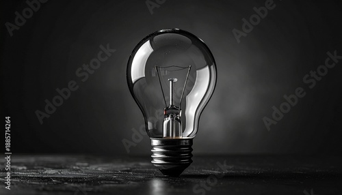 Light bulb on a dark surface with plain background showing internal structure and details
