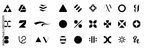 A grid of various small black abstract logo shapes, icons, and geometric symbols on a plain white background, arranged in rows and columns.