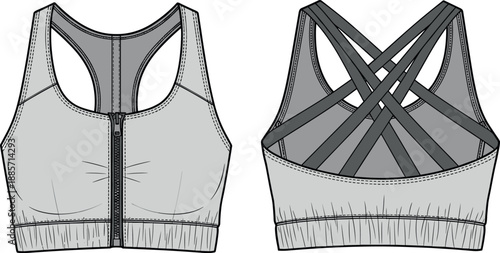 Women sports bra technical fashion illustration showing front zip closure and crisscross back strap design isolated on white background activewear apparel template