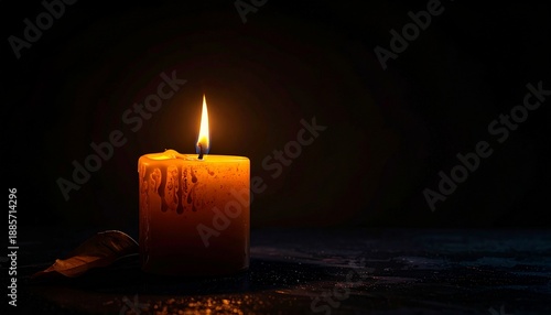 Soft light from a burning candle in a dark room creating shadows on a flat surface