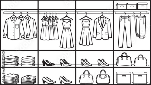 A detailed monochromatic illustration showcases an organized collection of clothing, shoes, and accessories within a neat closet or wardrobe space. This image conveys a sense of order and minimalism.