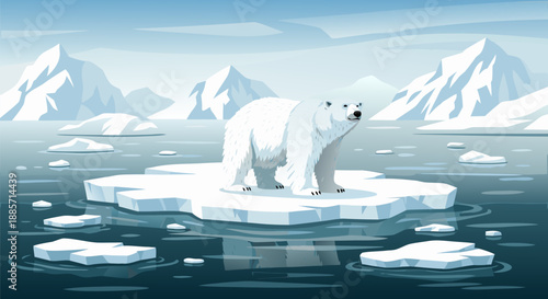 Polar Bear on Ice Floe, Arctic Landscape with Snowy Mountains - Vector Illustration