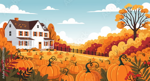 Harvest season vector illustration of a pumpkin patch in front of a rustic house with autumn trees