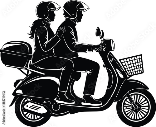 Couple riding scooter together illustration, man and woman wearing helmets on city motorbike, romantic urban commute, black and white vector silhouette design