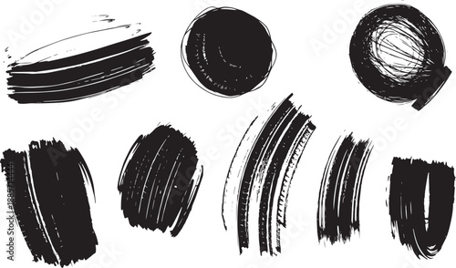 Brush set. Vector black paint brush spots, highlighter lines or felt-tip pen marker. Ink smudge abstract shape stains and smear set with texture