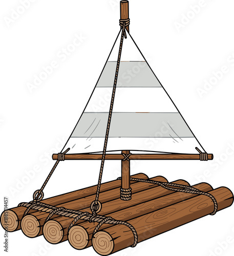 Wooden raft illustration with sail made from logs and ropes showing primitive water transport, survival craft, adventure concept isolated on white background