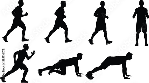 Exercise silhouette set, seven poses, running, crawling, plank, fitness movement icons, workout activity symbols, flat vector illustration
