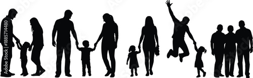 Family interaction silhouette set, parent-child bonding poses, emotional connection icons, caring relationships graphics, flat vector illustration