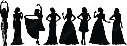Fashion silhouette set, eight women poses, dress styles, elegant posture, modeling gesture icons, flat vector illustration