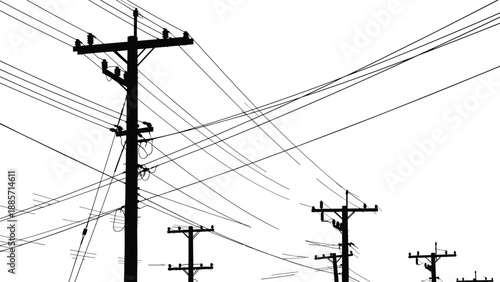 Electric utility pole silhouette illustration with power lines crossing sky, urban infrastructure energy distribution concept, black and white vector design for industrial background