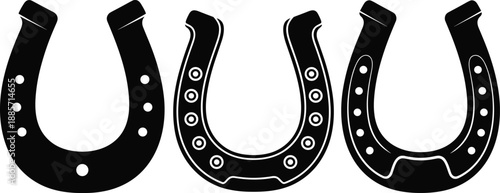 Horseshoe icon set, three styles, hole variations, equestrian gear, blacksmith design, riding equipment graphic, flat vector illustration