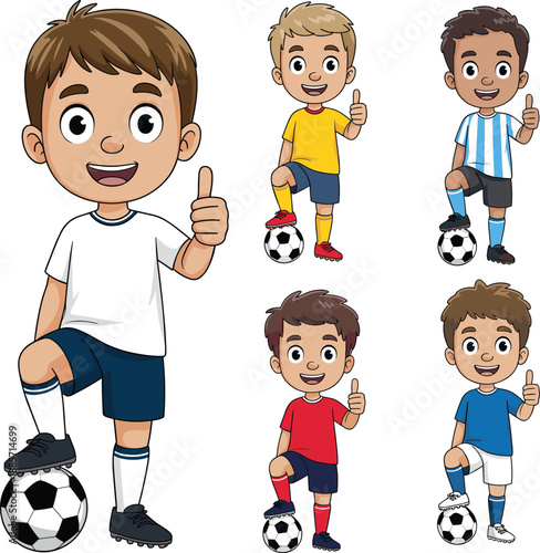 Collection of happy cartoon boys in colorful soccer uniforms giving a thumbs up while standing with a football isolated on white background for design.