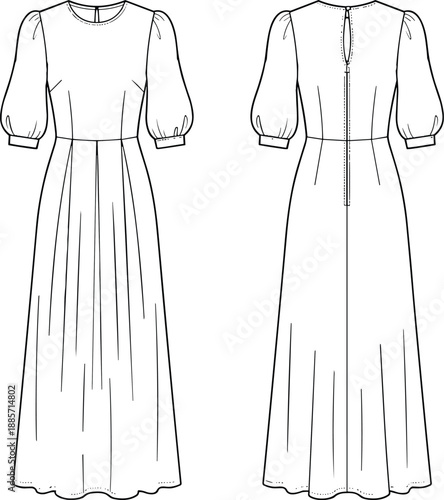 Long pleated dress fashion template, puff sleeve gown technical sketch, front back view garment design, flat vector illustration