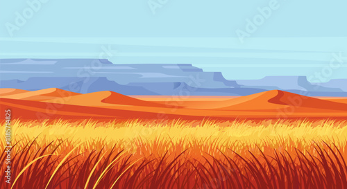 Vibrant desert landscape vector illustration with golden grasses and distant mountains under a clear blue sky