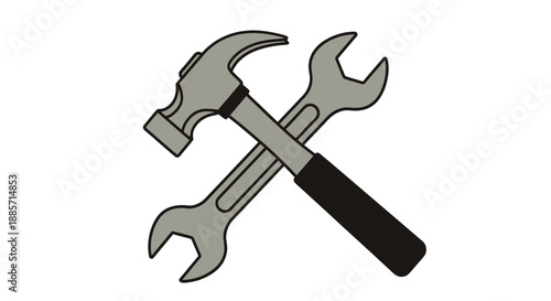 Crossed Hammer and Wrench in Simple Flat Design with Gray and Black Colors on White Background for DIY Illustration