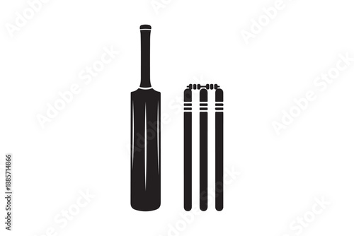 Cricket bat, stumps and bails icon black silhouette vector art