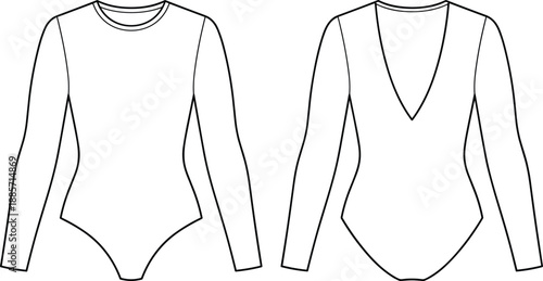 Long sleeve bodysuit fashion template, crew and deep V neckline sketch, front back view garment design, flat vector illustration