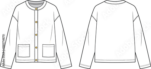 Long sleeve buttoned jacket, round neckline, patch pockets, bust darts, front and back sketch, flat vector illustration