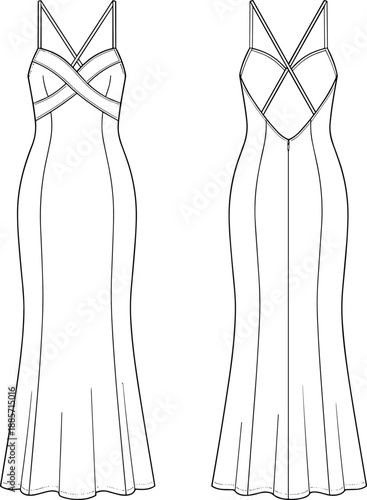 Mermaid silhouette dress sketch, crisscross bust detail, fashion design template, front and back view, zipper closure - flat vector illustration