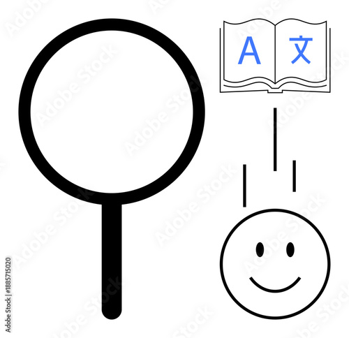 Language translation concept. magnifier, book with multilingual text, and smiling face comprehension. Language translation for education, learning, tech, apps, and multilingual tools