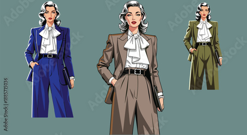 Vintage style businesswoman fashion illustration showcasing three different colored pant suits ready for professional use on transparent background