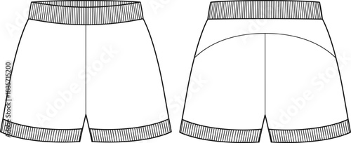 Ribbed waistband shorts sketch, curved yoke back, leg cuff detail, front and back view, flat vector illustration
