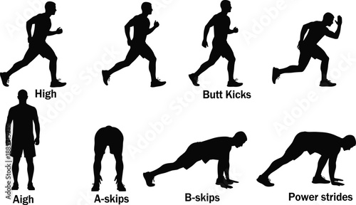 Running drills, dynamic warm-up exercises, athletic training poses, silhouette workout movements, fitness form techniques, flat vector illustration
