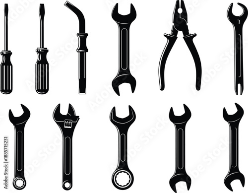 Hand tool silhouettes vector collection, wrenches screwdrivers and pliers set, mechanical workshop equipment illustration, industrial repair tools icons, black minimal design