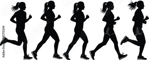 Running motion silhouette set, stride phase breakdown, athletic movement icons, human biomechanics study, flat vector illustration