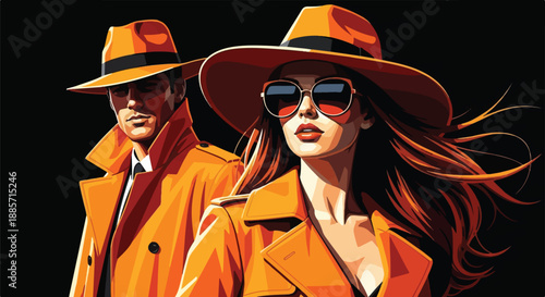 Stylish man and woman wearing matching bright orange trench coats and fedora hats embody classic detective mystery on transparent background