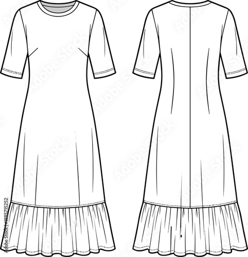 Short sleeve A-line dress, fashion sketch front and back, gathered ruffle hem, round neckline, center seam, flat vector illustration
