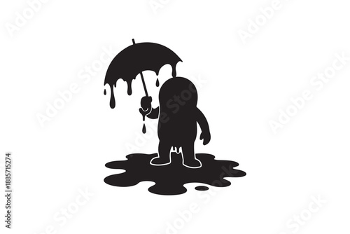 Dripping silhouette figure holding an umbrella standing in a puddle