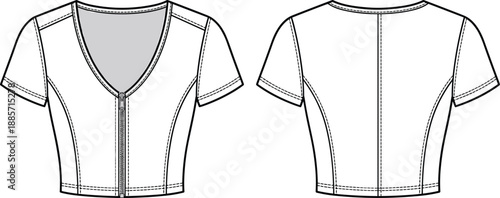 Short sleeve fitted top sketch, deep V-neckline, front zipper, princess seams, front and back view, flat vector illustration