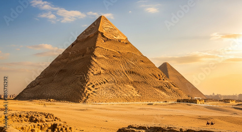 The majestic pyramids of giza standing tall in the desert landscape at sunset with a clear blue and orange sky