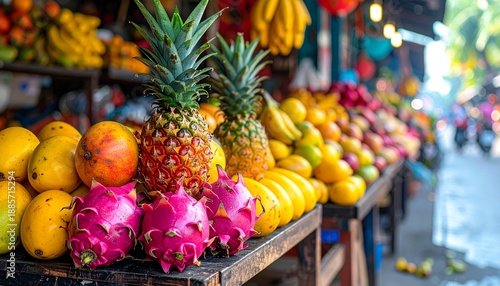 Vibrant fruit market in a busy street with fresh fruits displayed during the day