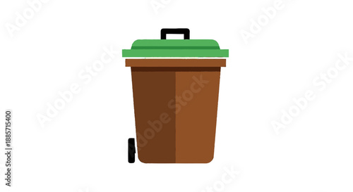 Brown wheeled trash can with green lid in simple flat design for waste management icon