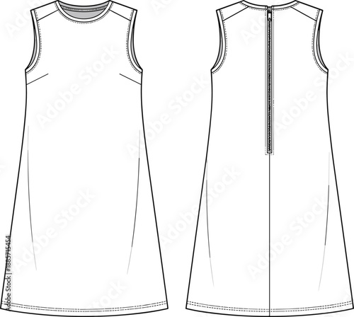 Sleeveless A-line dress technical sketch, front and back view, bust darts, back zipper, fashion design template, flat vector illustration