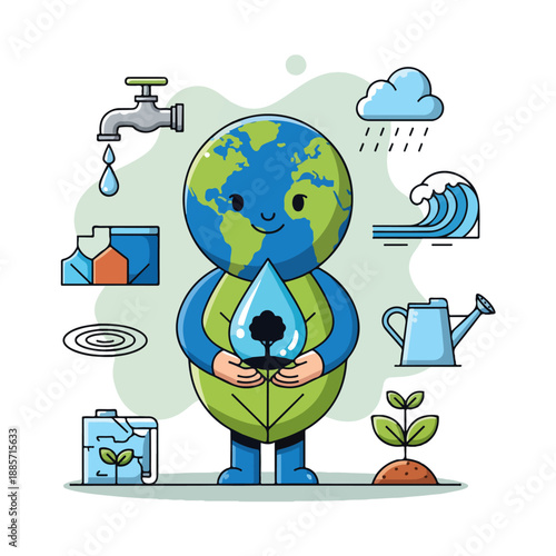 Cartoon Earth character promoting water conservation and environmental protection with various water-related elements.
