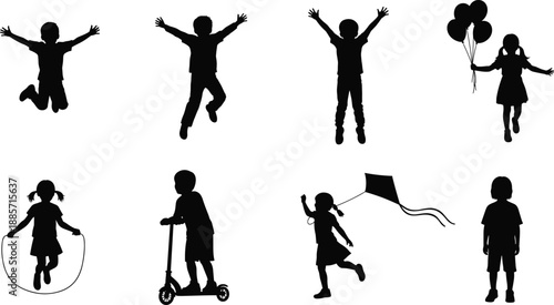 Happy children silhouette vector illustration, kids jumping, running, flying kite, skipping rope, holding balloons, riding scooter, outdoor fun and joyful childhood activity design